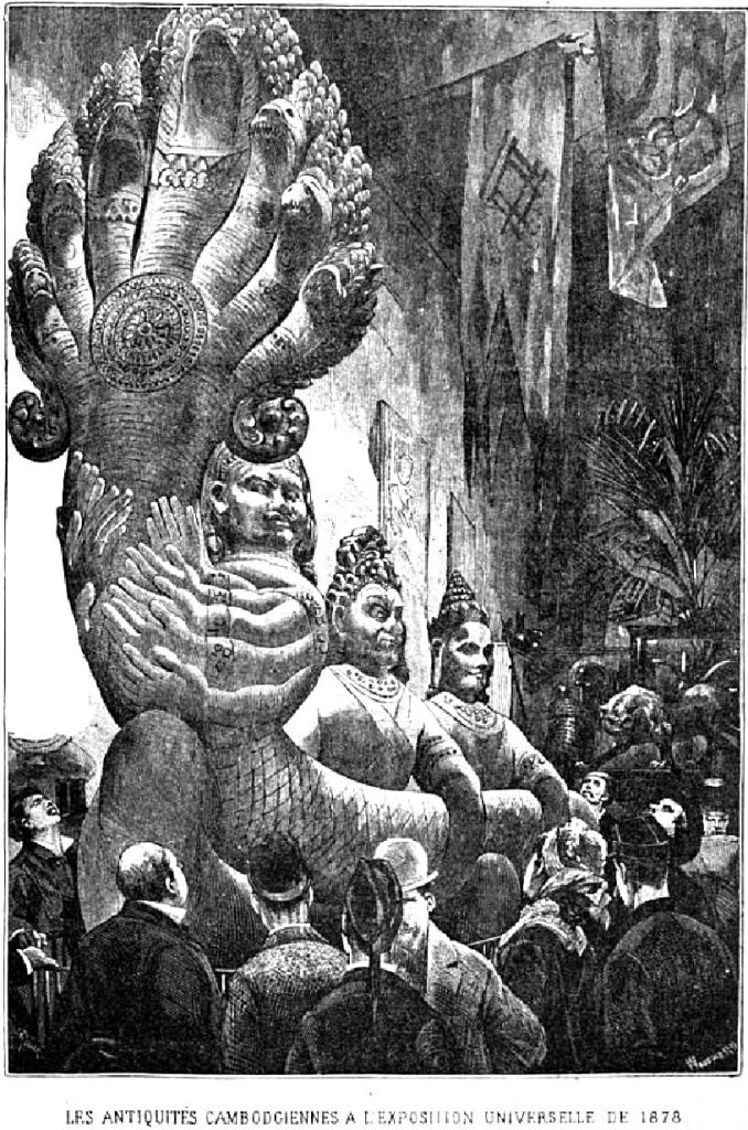Fig. 1 : présentation de sculptures khmères à l'exposition universelle de 1878 (d’après, DELAPORTE L., Voyage au Cambodge. L’architecture khmer, Paris, C. Delagrave, 1880, p. 245).